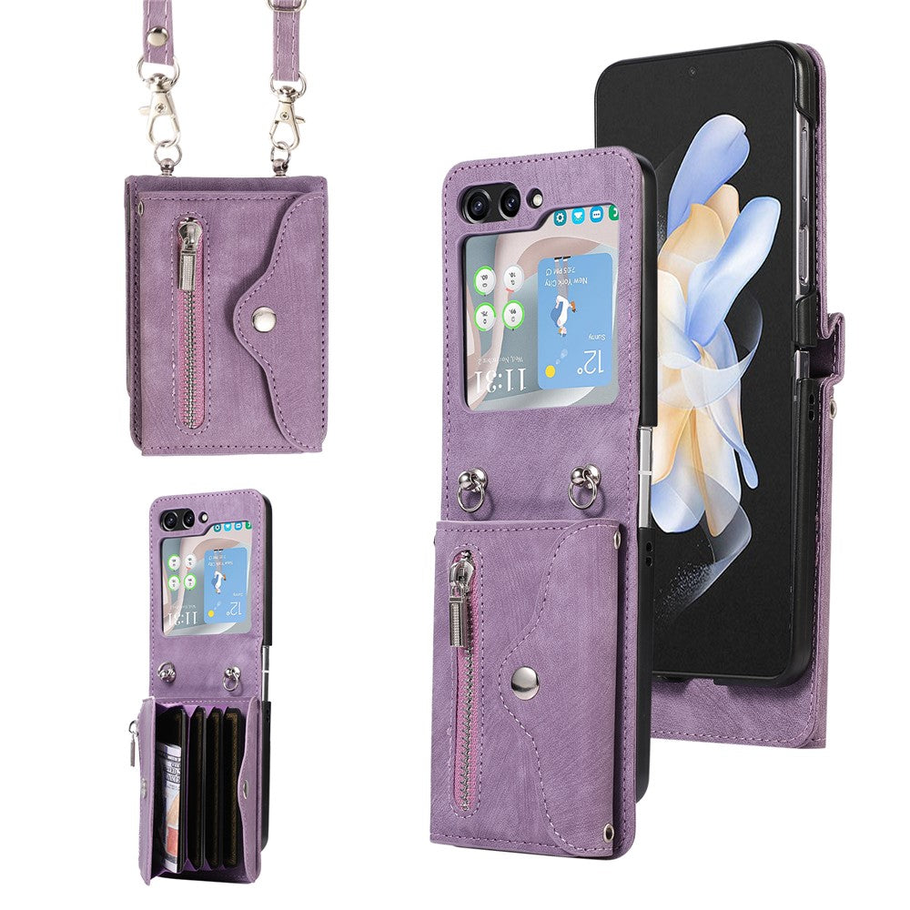For Samsung Galaxy Z Flip7 FE 5G / Z Flip6 5G Case PU Leather + TPU RFID Blocking Card Slots Phone Cover with 2 Straps - Purple