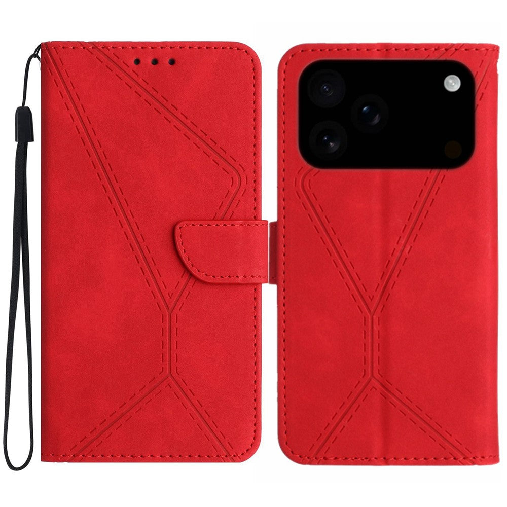 For iPhone 17 Pro Max Case Skin Touch Lines Imprinted PU Leather Flip Phone Cover - Red