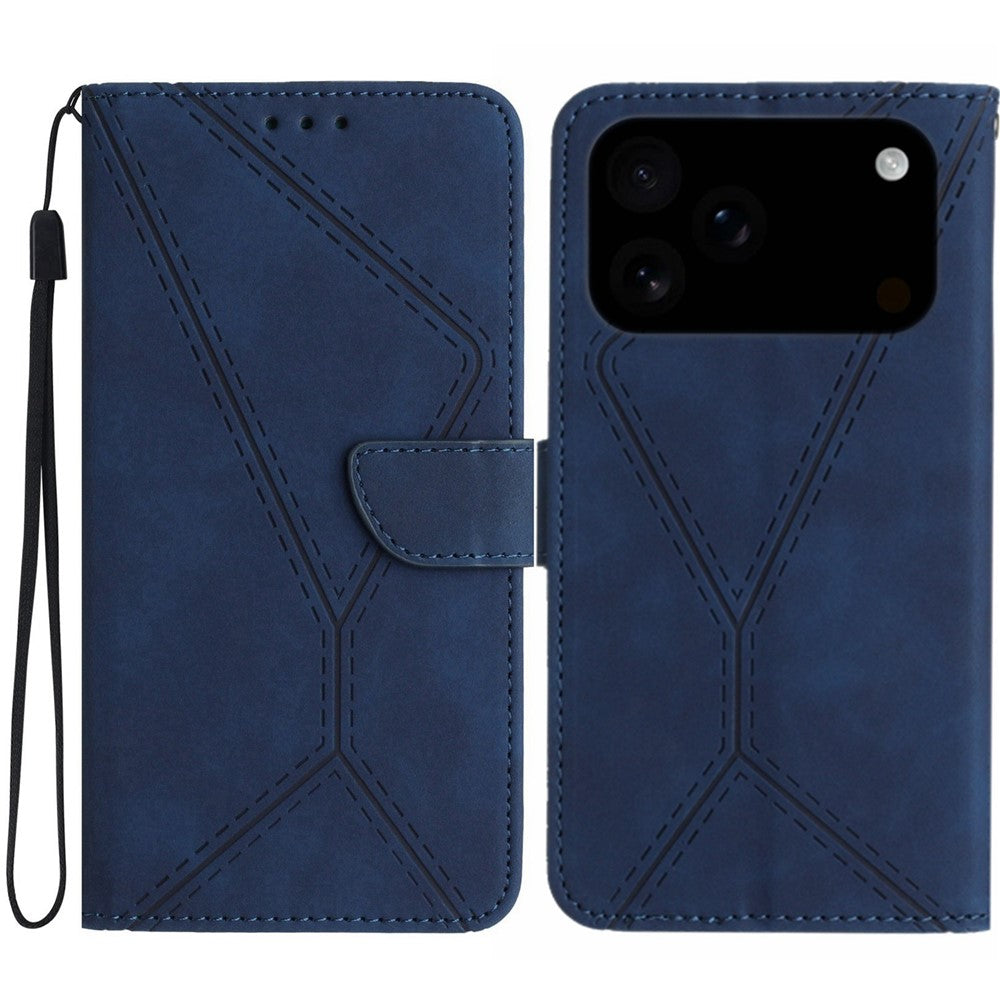 For iPhone 17 Pro Max Case Skin Touch Lines Imprinted PU Leather Flip Phone Cover - Blue