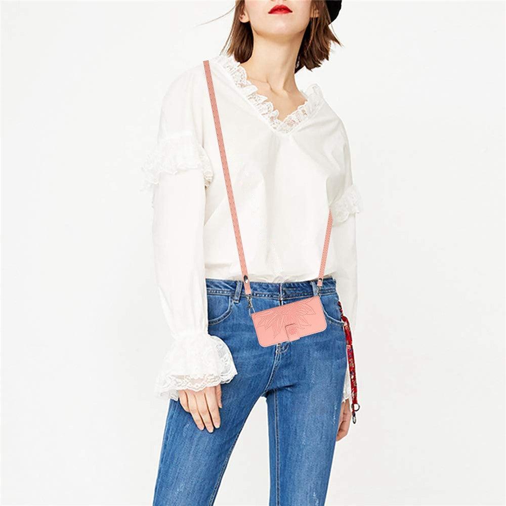 For iPhone 17 Pro Max Case Sunflower Imprint PU Leather Phone Cover with Long Strap - Light Pink