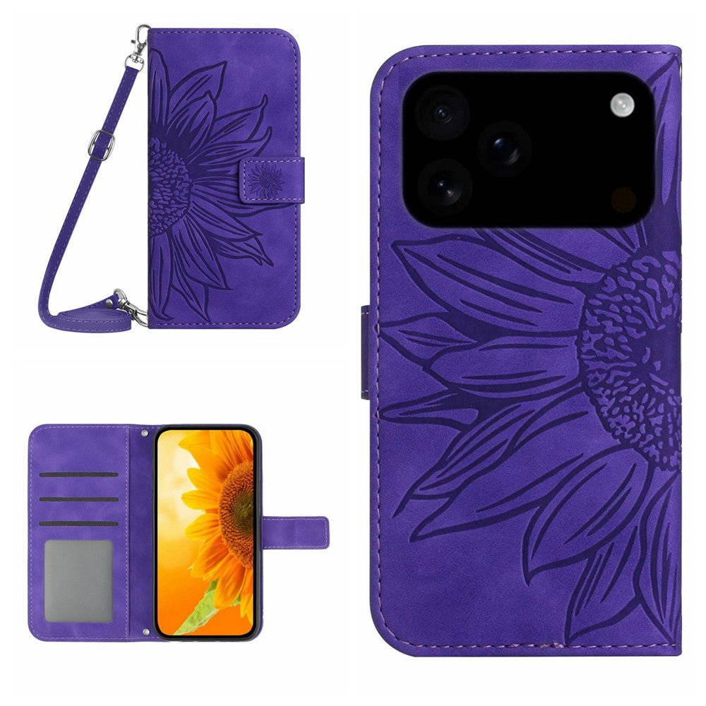 For iPhone 17 Pro Max Case Sunflower Imprint PU Leather Phone Cover with Long Strap - Dark Purple