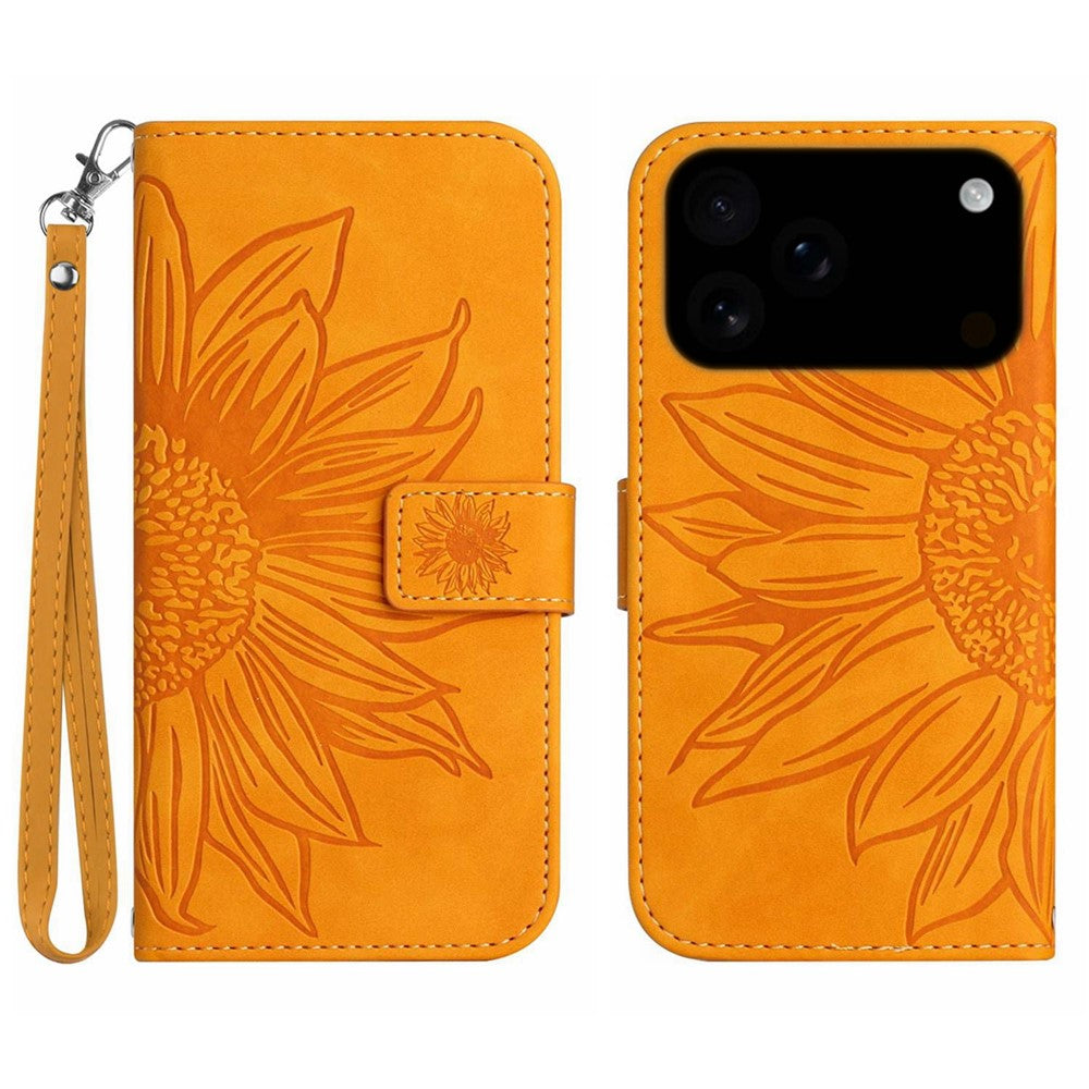 For iPhone 17 Pro Max Case Sunflower Imprint Leather Wallet Phone Cover with Wrist Strap - Yellow