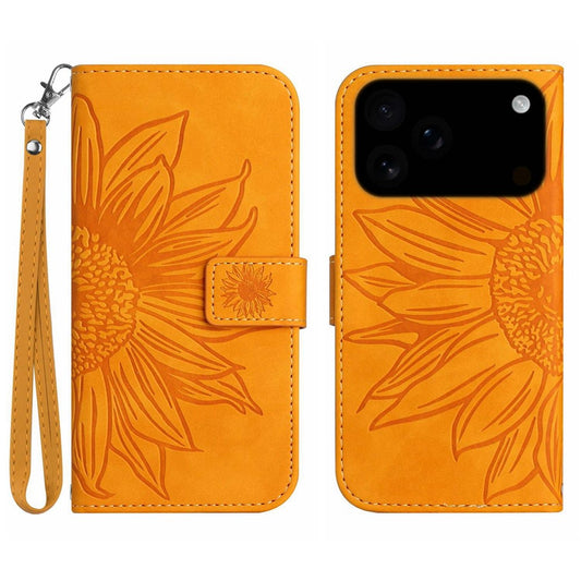 For iPhone 17 Pro Max Case Sunflower Imprint Leather Wallet Phone Cover with Wrist Strap - Yellow