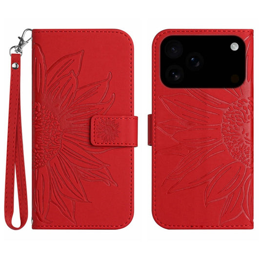 For iPhone 17 Pro Max Case Sunflower Imprint Leather Wallet Phone Cover with Wrist Strap - Red