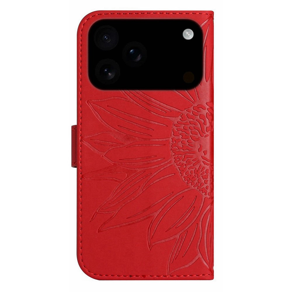 For iPhone 17 Pro Max Case Sunflower Imprint Leather Wallet Phone Cover with Wrist Strap - Red