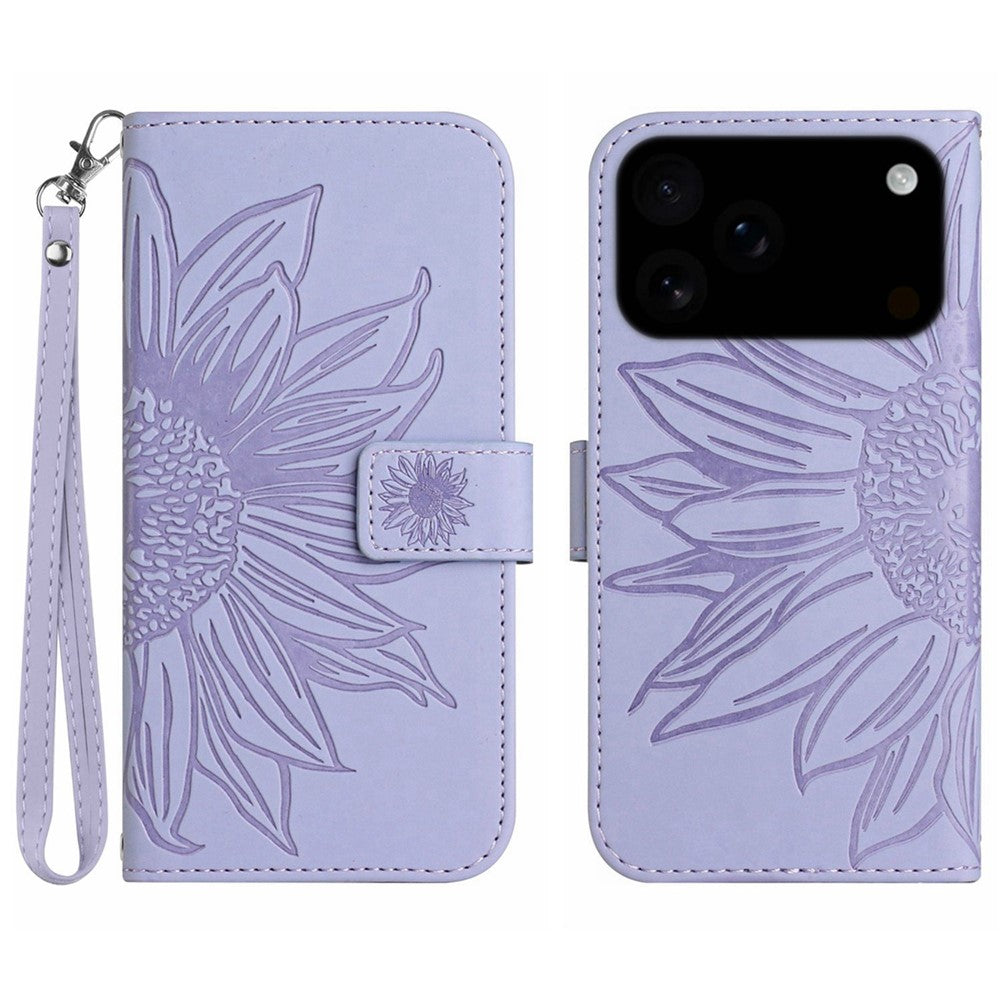 For iPhone 17 Pro Max Case Sunflower Imprint Leather Wallet Phone Cover with Wrist Strap - Light Purple