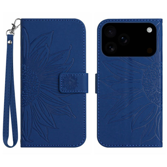 For iPhone 17 Pro Max Case Sunflower Imprint Leather Wallet Phone Cover with Wrist Strap - Sapphire