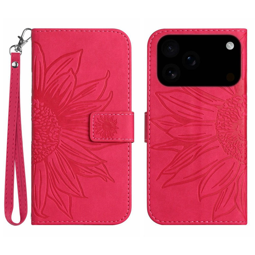 For iPhone 17 Pro Max Case Sunflower Imprint Leather Wallet Phone Cover with Wrist Strap - Rose