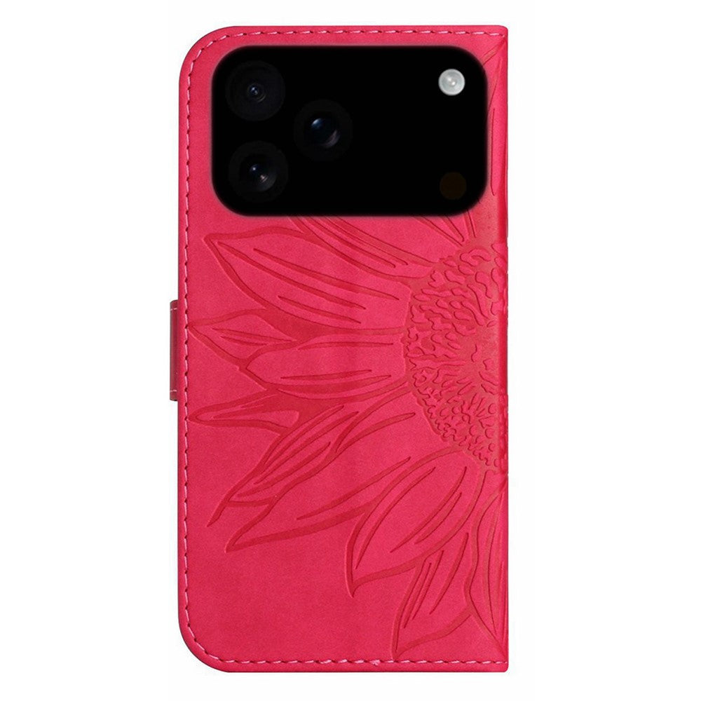 For iPhone 17 Pro Max Case Sunflower Imprint Leather Wallet Phone Cover with Wrist Strap - Rose