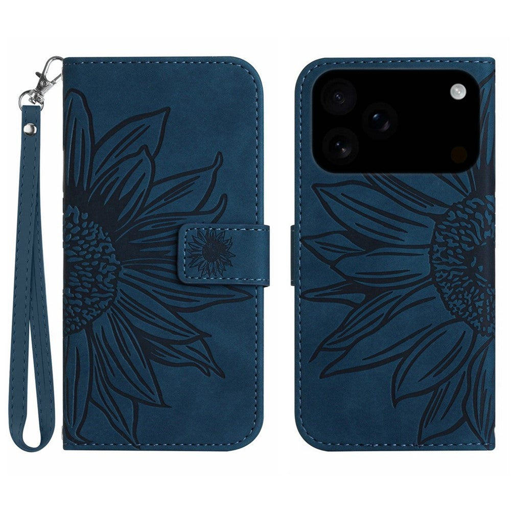 For iPhone 17 Pro Max Case Sunflower Imprint Leather Wallet Phone Cover with Wrist Strap - Dark Blue