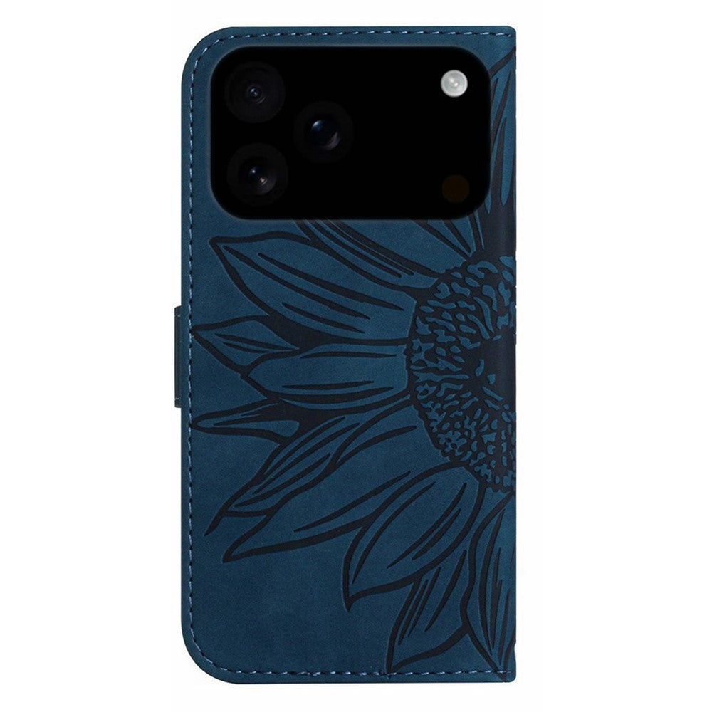 For iPhone 17 Pro Max Case Sunflower Imprint Leather Wallet Phone Cover with Wrist Strap - Dark Blue