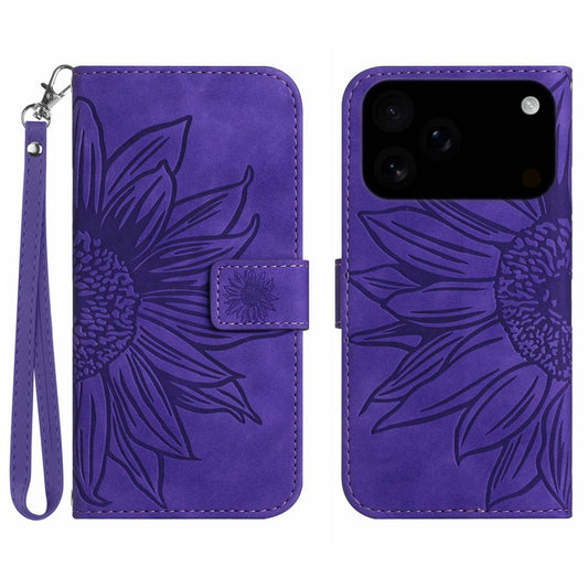 For iPhone 17 Pro Max Case Sunflower Imprint Leather Wallet Phone Cover with Wrist Strap - Dark Purple