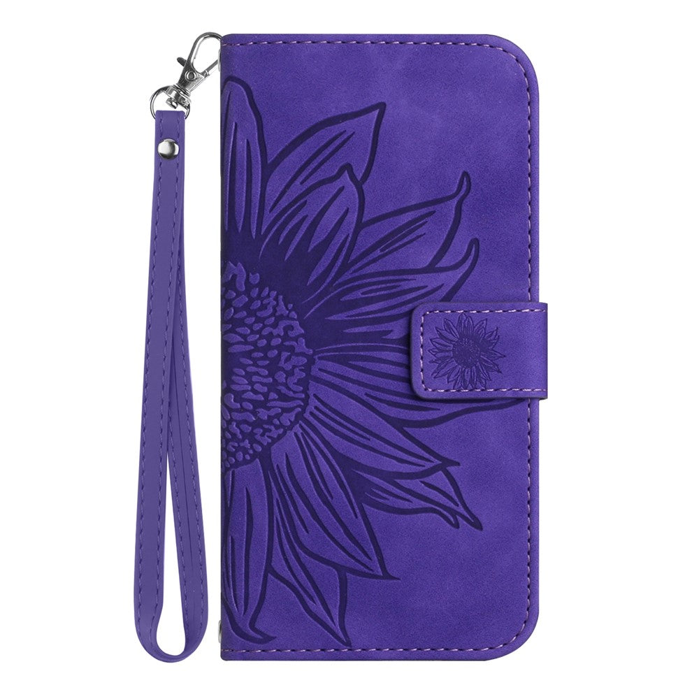 For iPhone 17 Pro Max Case Sunflower Imprint Leather Wallet Phone Cover with Wrist Strap - Dark Purple