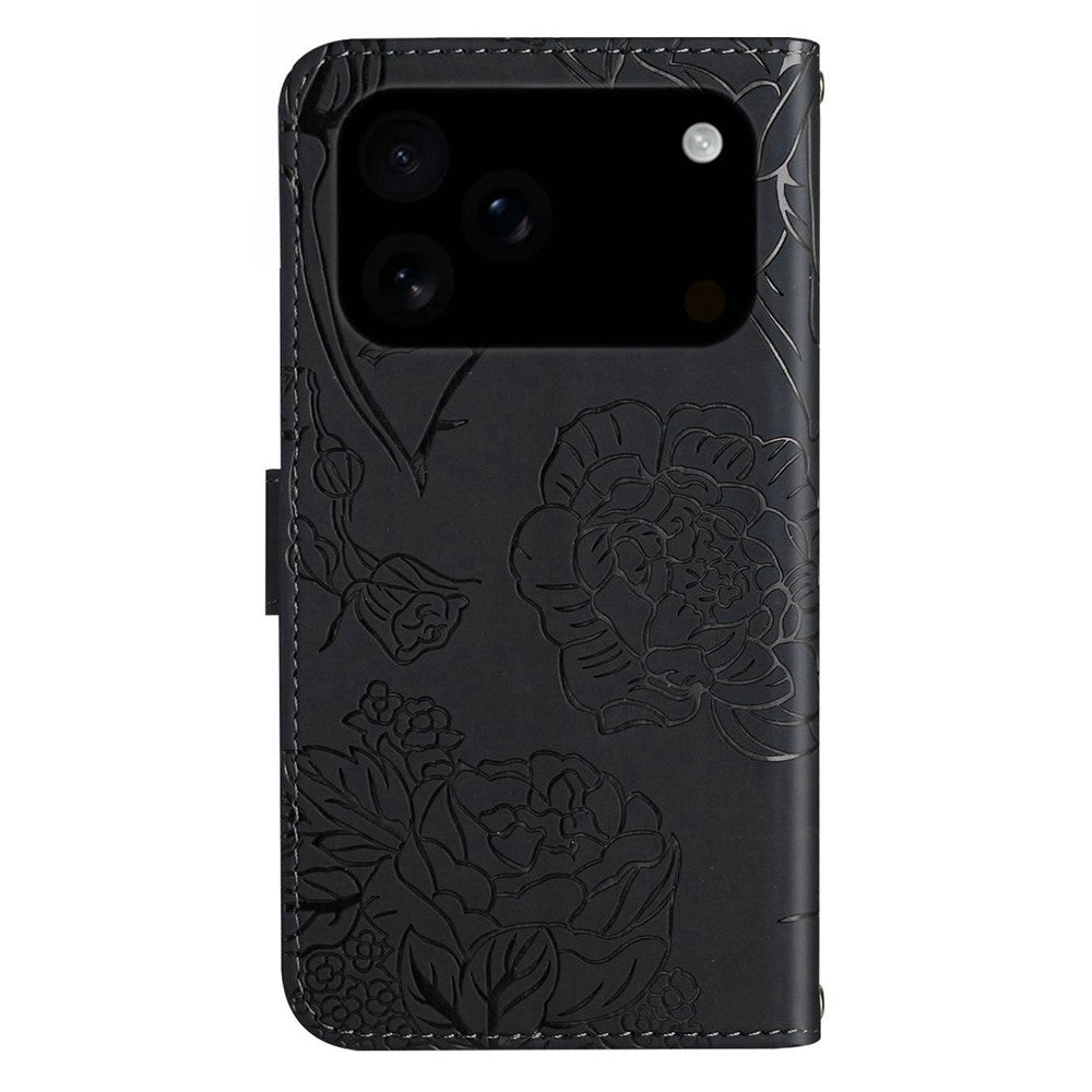 For iPhone 17 Pro Max Case Butterfly Flower Imprint Leather Phone Cover with Shoulder Strap - Black