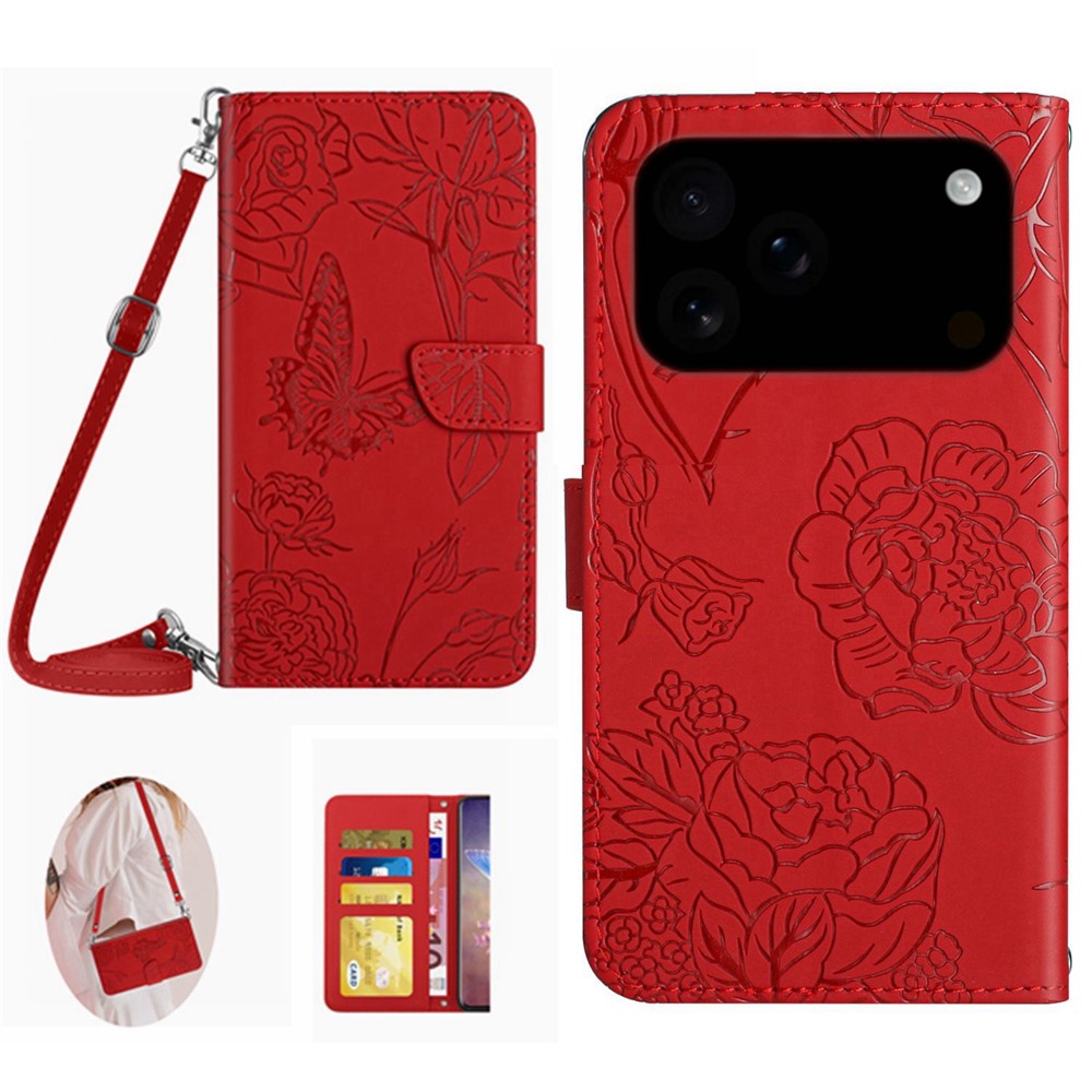 For iPhone 17 Pro Max Case Butterfly Flower Imprint Leather Phone Cover with Shoulder Strap - Red
