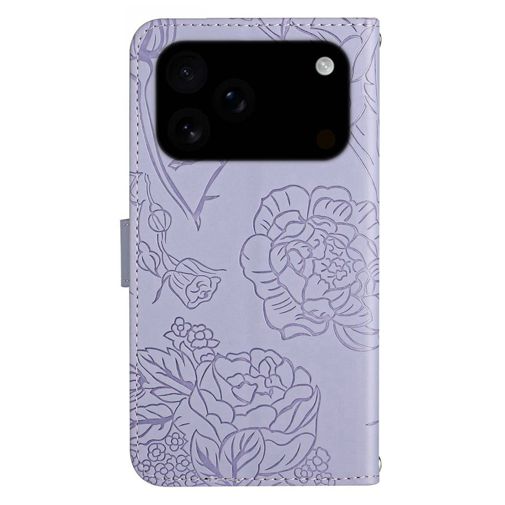 For iPhone 17 Pro Max Case Butterfly Flower Imprint Leather Phone Cover with Shoulder Strap - Purple