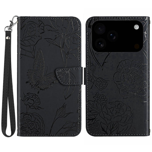 For iPhone 17 Pro Max Case Butterfly Flower Imprinted Leather Phone Cover with Strap - Black