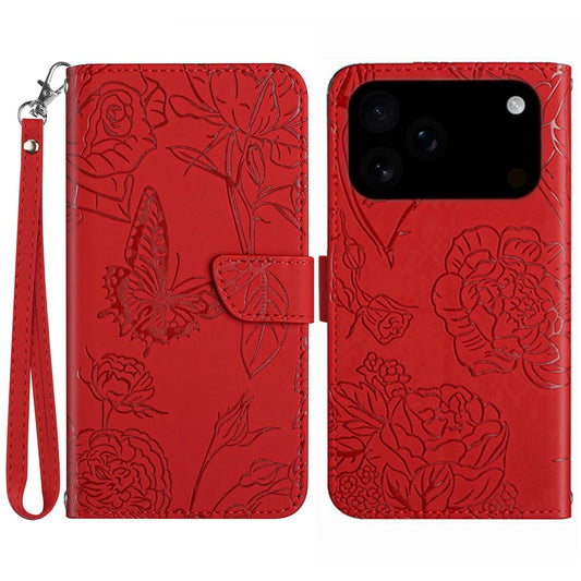 For iPhone 17 Pro Max Case Butterfly Flower Imprinted Leather Phone Cover with Strap - Red