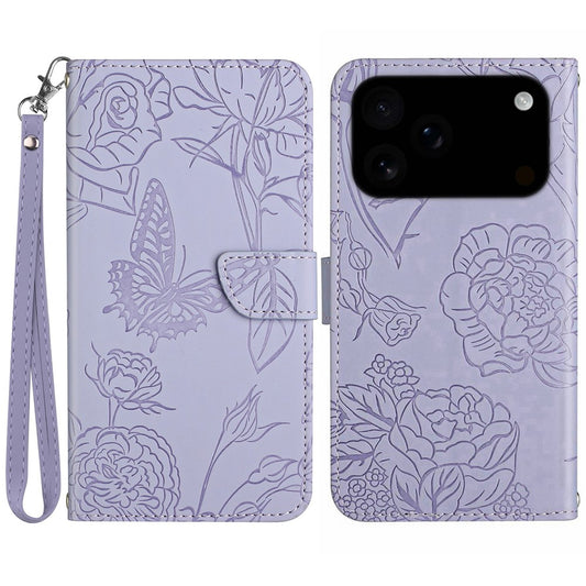 For iPhone 17 Pro Max Case Butterfly Flower Imprinted Leather Phone Cover with Strap - Purple