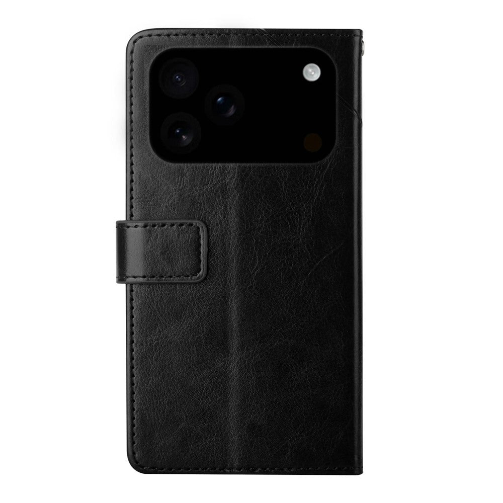 For iPhone 17 Pro Max Case with Wrist Strap Y Shaped Lines Imprint Leather Phone Cover - Black