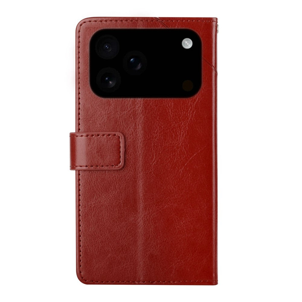 For iPhone 17 Pro Max Case with Wrist Strap Y Shaped Lines Imprint Leather Phone Cover - Brown