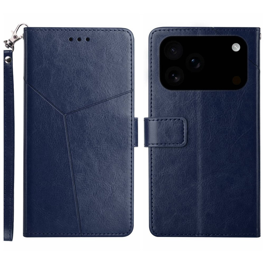 For iPhone 17 Pro Max Case with Wrist Strap Y Shaped Lines Imprint Leather Phone Cover - Blue