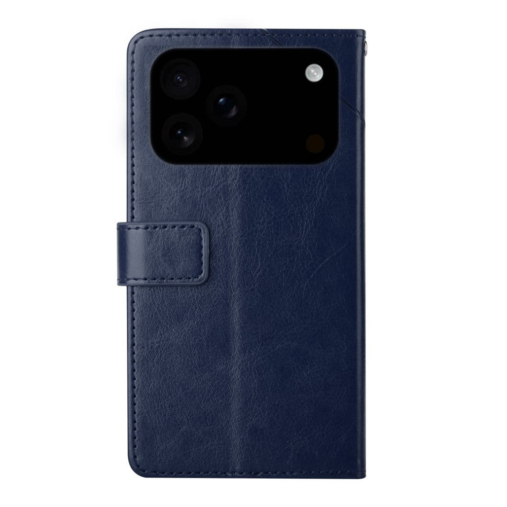 For iPhone 17 Pro Max Case with Wrist Strap Y Shaped Lines Imprint Leather Phone Cover - Blue