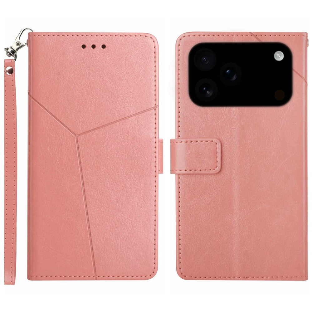 For iPhone 17 Pro Max Case with Wrist Strap Y Shaped Lines Imprint Leather Phone Cover - Pink