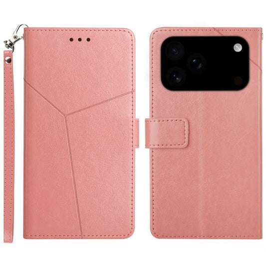 For iPhone 17 Pro Max Case with Wrist Strap Y Shaped Lines Imprint Leather Phone Cover - Pink