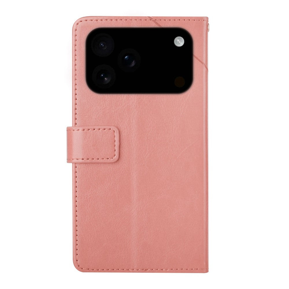 For iPhone 17 Pro Max Case with Wrist Strap Y Shaped Lines Imprint Leather Phone Cover - Pink