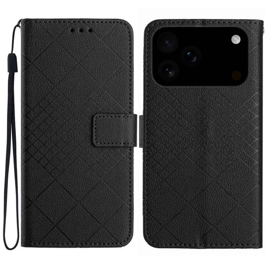 For iPhone 17 Pro Max Case Wallet Imprint PU Leather Flip Folio Phone Cover - Black