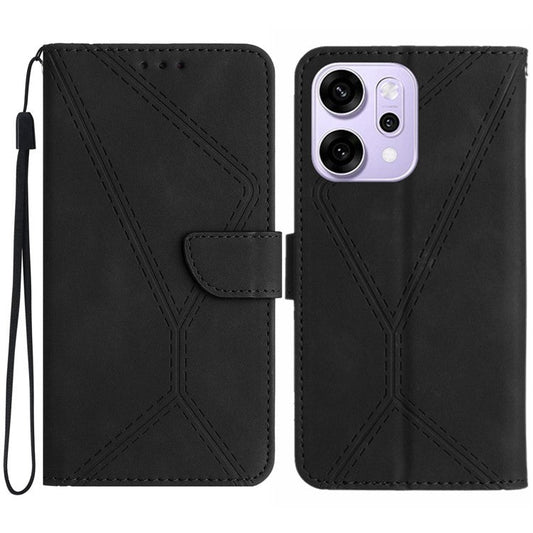 For Oppo Reno14 5G (Global) Case Skin Touch Lines Imprinted PU Leather Flip Phone Cover - Black