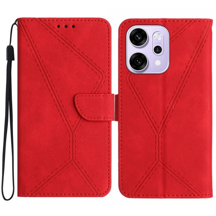 For Oppo Reno14 5G (Global) Case Skin Touch Lines Imprinted PU Leather Flip Phone Cover - Red