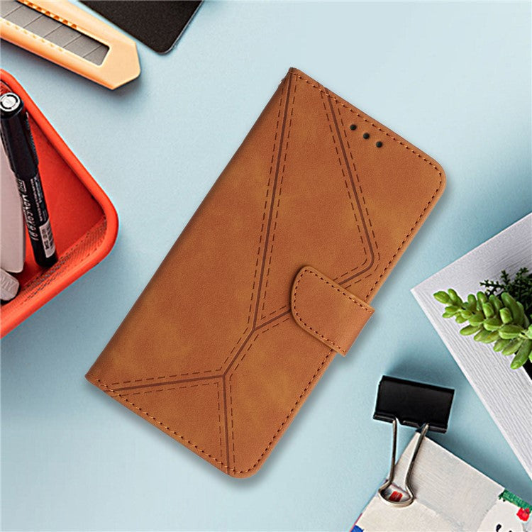 For Oppo Reno14 5G (Global) Case Skin Touch Lines Imprinted PU Leather Flip Phone Cover - Brown
