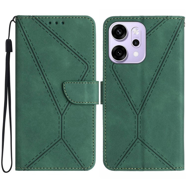 For Oppo Reno14 5G (Global) Case Skin Touch Lines Imprinted PU Leather Flip Phone Cover - Green