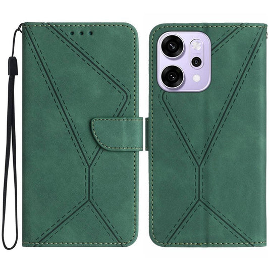 For Oppo Reno14 5G (Global) Case Skin Touch Lines Imprinted PU Leather Flip Phone Cover - Green