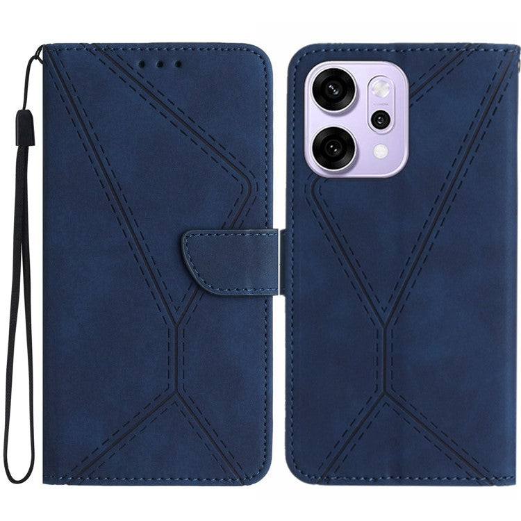 For Oppo Reno14 5G (Global) Case Skin Touch Lines Imprinted PU Leather Flip Phone Cover - Blue