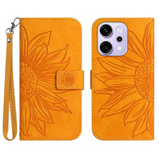 For Oppo Reno14 5G (Global) Case Sunflower Imprint Leather Wallet Phone Cover with Wrist Strap - Yellow