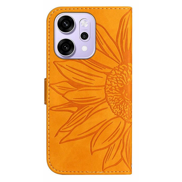 For Oppo Reno14 5G (Global) Case Sunflower Imprint Leather Wallet Phone Cover with Wrist Strap - Yellow