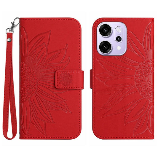 For Oppo Reno14 5G (Global) Case Sunflower Imprint Leather Wallet Phone Cover with Wrist Strap - Red