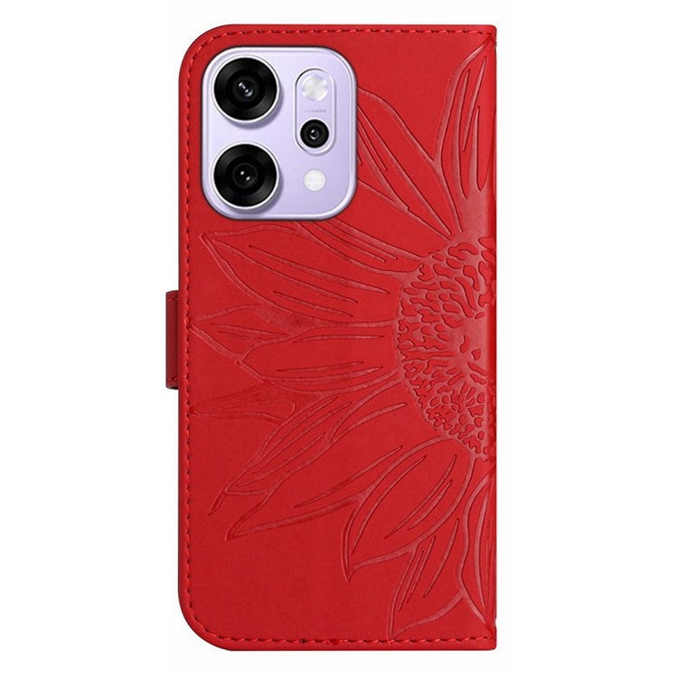 For Oppo Reno14 5G (Global) Case Sunflower Imprint Leather Wallet Phone Cover with Wrist Strap - Red