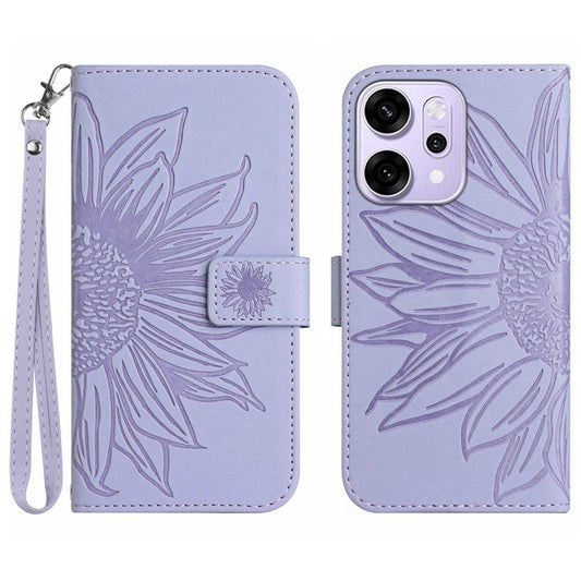 For Oppo Reno14 5G (Global) Case Sunflower Imprint Leather Wallet Phone Cover with Wrist Strap - Light Purple