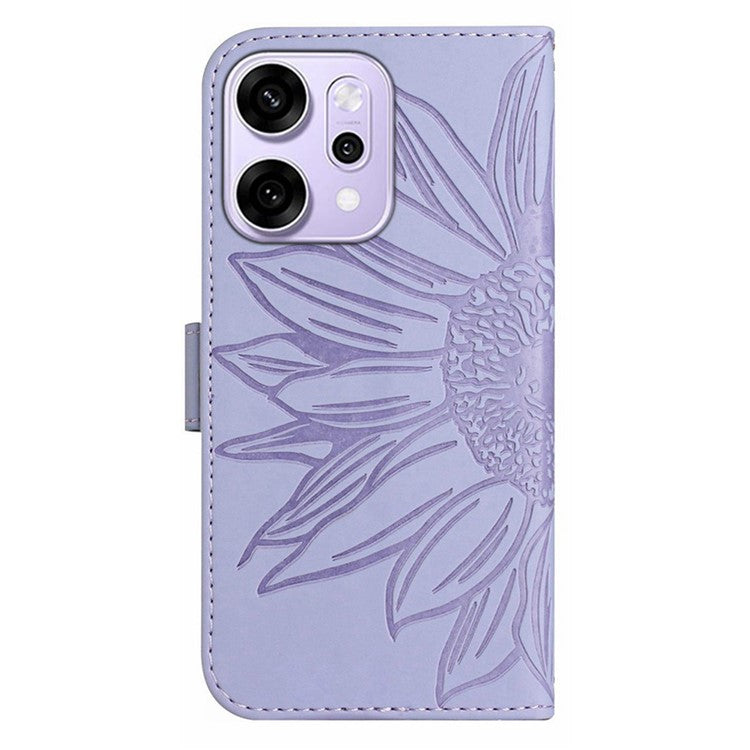 For Oppo Reno14 5G (Global) Case Sunflower Imprint Leather Wallet Phone Cover with Wrist Strap - Light Purple