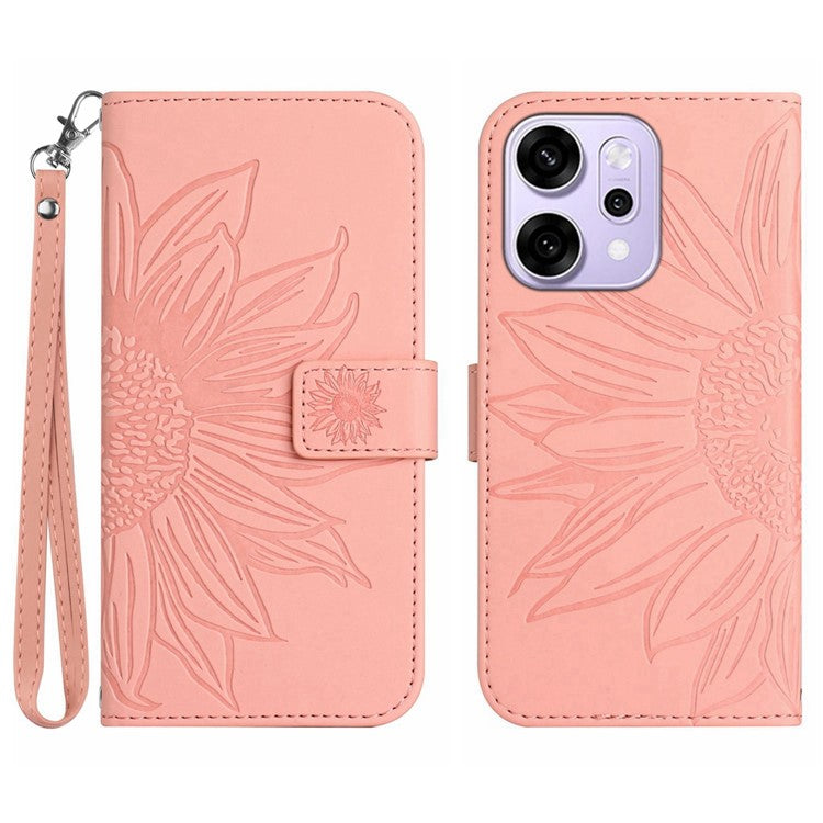 For Oppo Reno14 5G (Global) Case Sunflower Imprint Leather Wallet Phone Cover with Wrist Strap - Light Pink