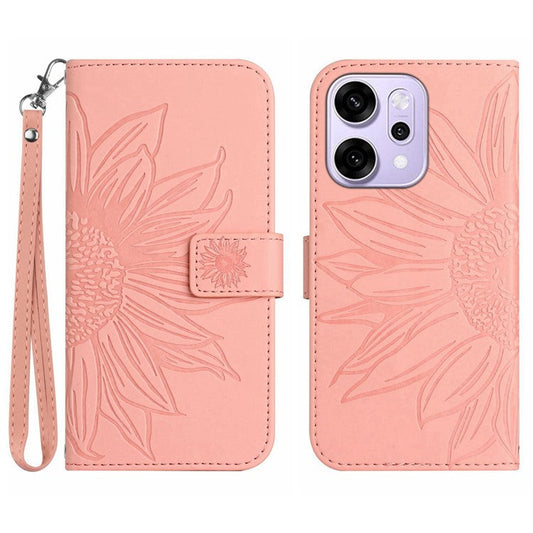 For Oppo Reno14 5G (Global) Case Sunflower Imprint Leather Wallet Phone Cover with Wrist Strap - Light Pink