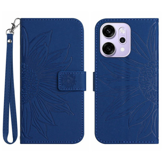 For Oppo Reno14 5G (Global) Case Sunflower Imprint Leather Wallet Phone Cover with Wrist Strap - Sapphire