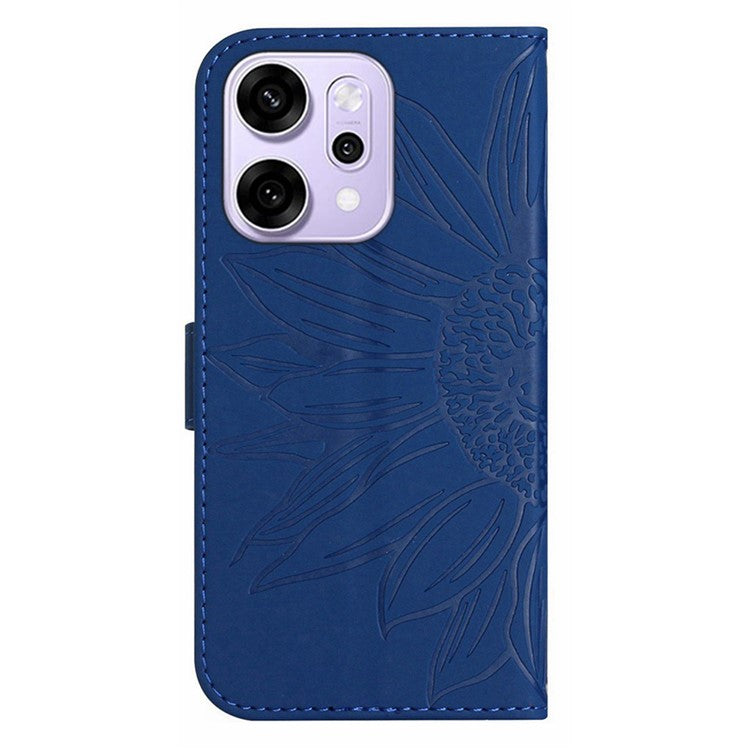 For Oppo Reno14 5G (Global) Case Sunflower Imprint Leather Wallet Phone Cover with Wrist Strap - Sapphire
