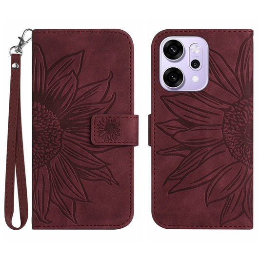 For Oppo Reno14 5G (Global) Case Sunflower Imprint Leather Wallet Phone Cover with Wrist Strap - Wine Red