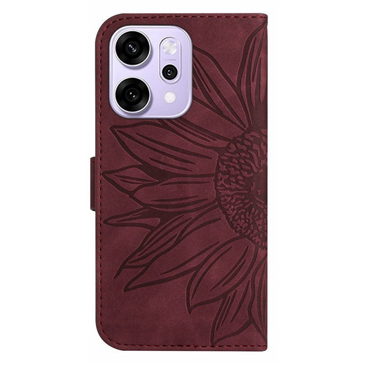 For Oppo Reno14 5G (Global) Case Sunflower Imprint Leather Wallet Phone Cover with Wrist Strap - Wine Red