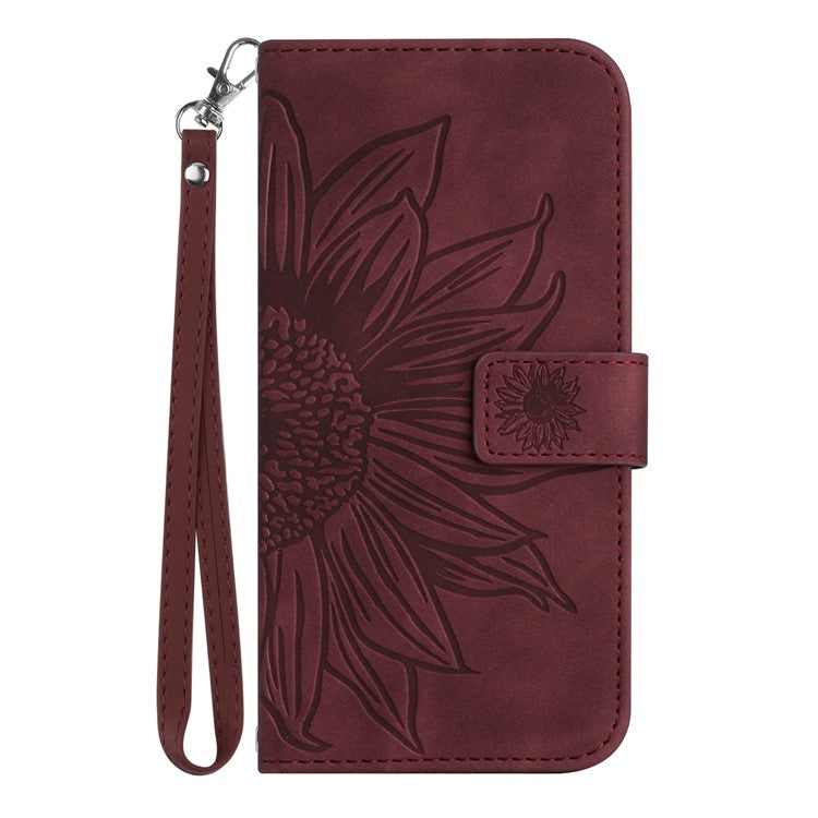 For Oppo Reno14 5G (Global) Case Sunflower Imprint Leather Wallet Phone Cover with Wrist Strap - Wine Red